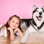 Cute girl with her husky dog on carpet