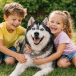 husky playing with children