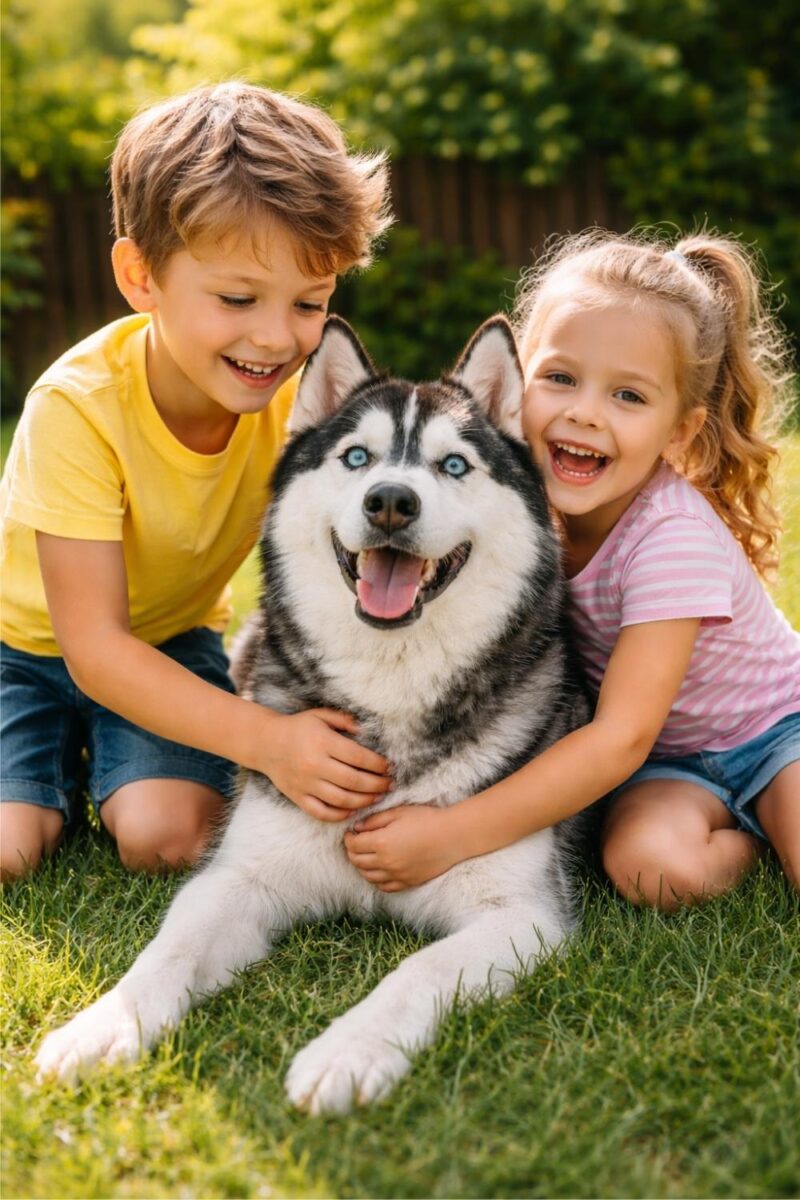husky playing with kids
