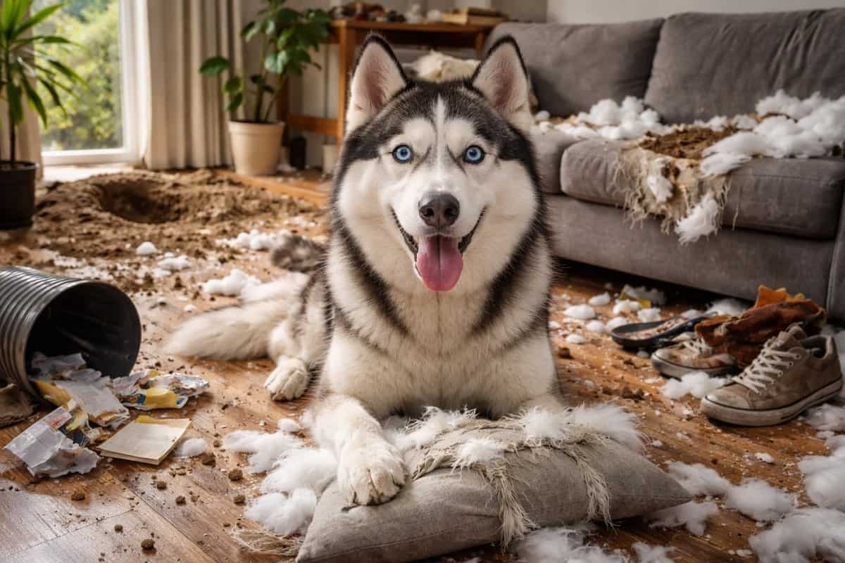siberian husky destroyed couch